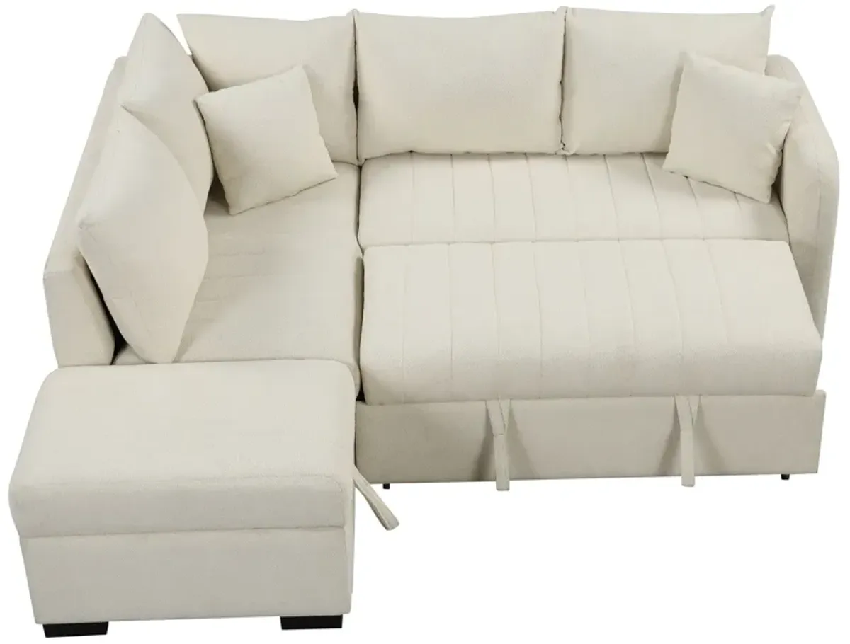 L-Shaped Sectional Pull Out Sofa Bed Sleeper Sofa With Two USB Ports, Two Power Sockets And A Movable Storage Ottoman