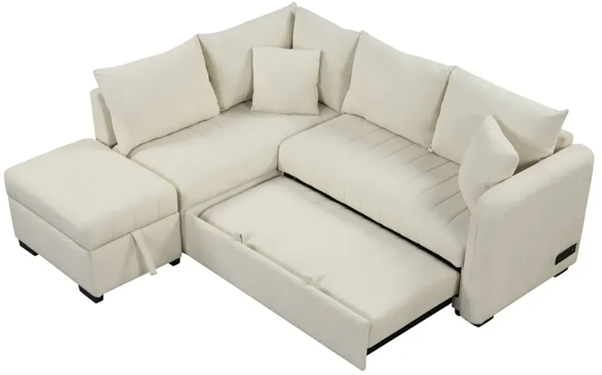 L-Shaped Sectional Pull Out Sofa Bed Sleeper Sofa With Two USB Ports, Two Power Sockets And A Movable Storage Ottoman