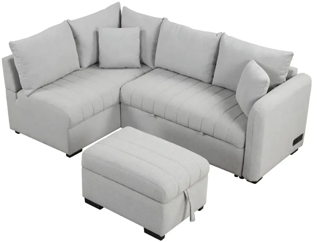 L-Shaped Sectional Pull Out Sofa Bed Sleeper Sofa With Two USB Ports, Two Power Sockets And A Movable Storage Ottoman