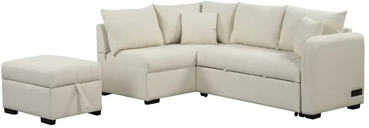 L-Shaped Sectional Pull Out Sofa Bed Sleeper Sofa With Two USB Ports, Two Power Sockets And A Movable Storage Ottoman