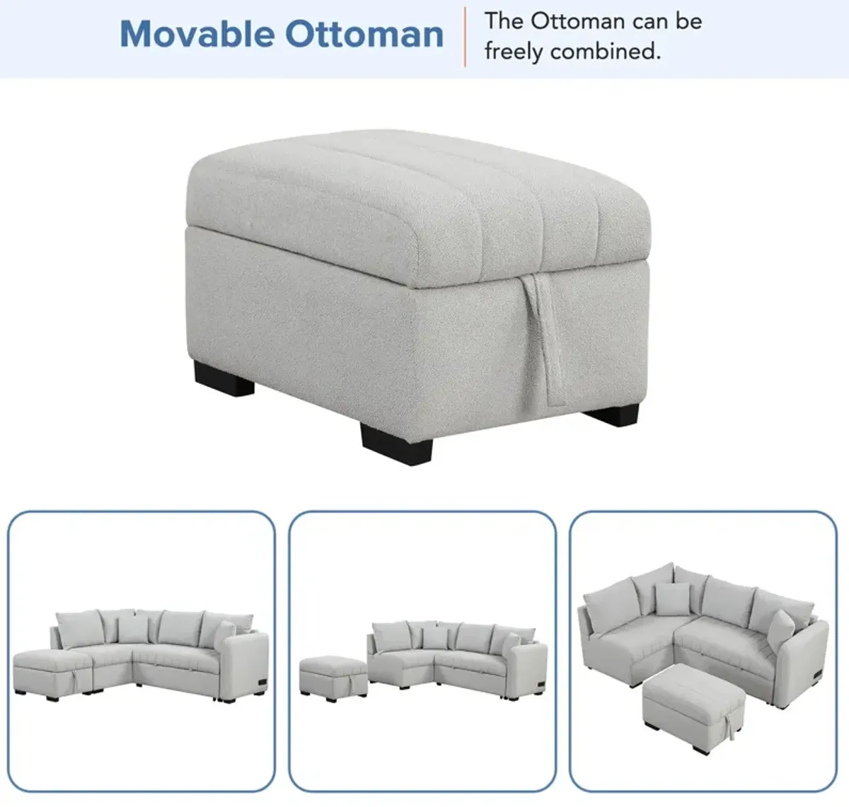 L-Shaped Sectional Pull Out Sofa Bed Sleeper Sofa With Two USB Ports, Two Power Sockets And A Movable Storage Ottoman