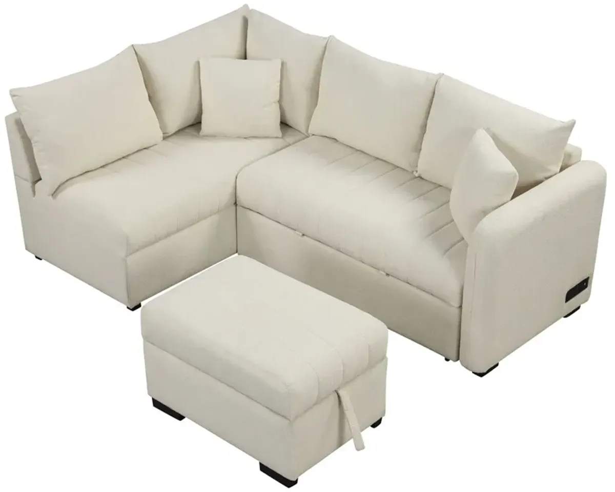 L-Shaped Sectional Pull Out Sofa Bed Sleeper Sofa With Two USB Ports, Two Power Sockets And A Movable Storage Ottoman