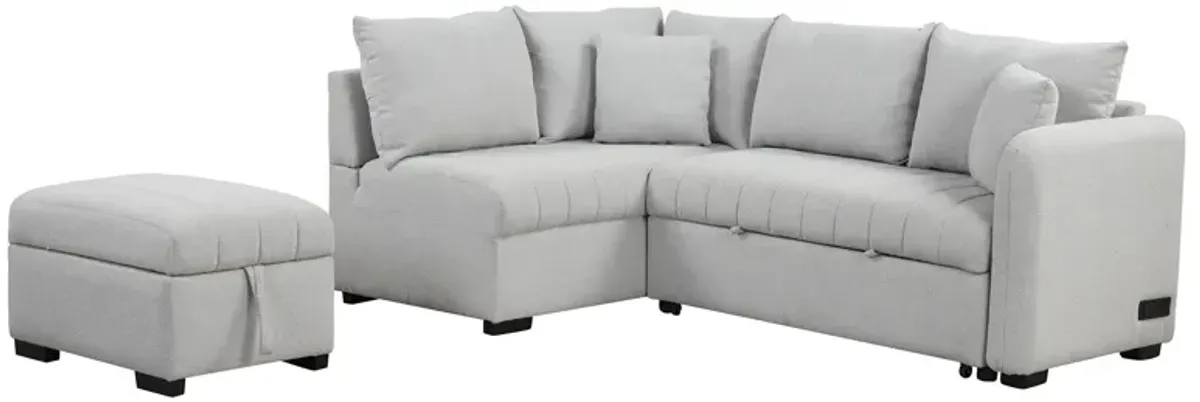 L-Shaped Sectional Pull Out Sofa Bed Sleeper Sofa With Two USB Ports, Two Power Sockets And A Movable Storage Ottoman