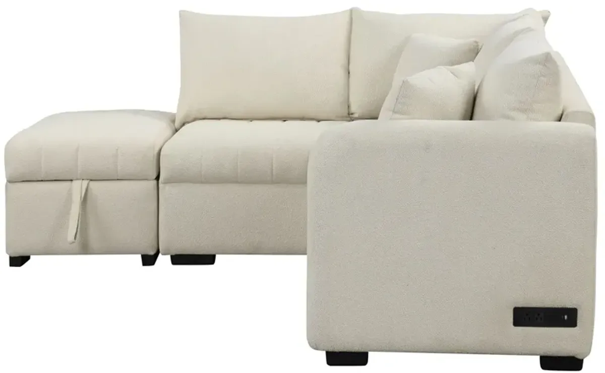 L-Shaped Sectional Pull Out Sofa Bed Sleeper Sofa With Two USB Ports, Two Power Sockets And A Movable Storage Ottoman