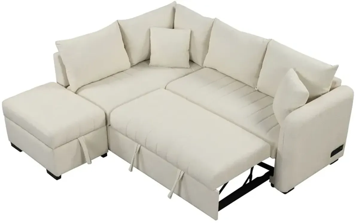 L-Shaped Sectional Pull Out Sofa Bed Sleeper Sofa With Two USB Ports, Two Power Sockets And A Movable Storage Ottoman