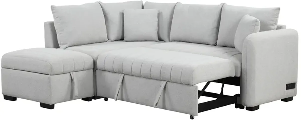 L-Shaped Sectional Pull Out Sofa Bed Sleeper Sofa With Two USB Ports, Two Power Sockets And A Movable Storage Ottoman