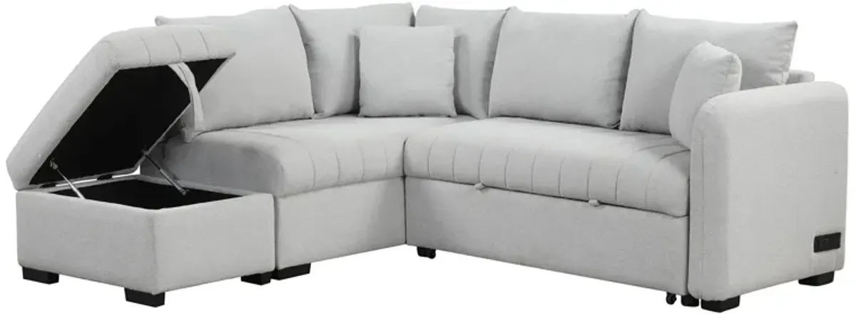 L-Shaped Sectional Pull Out Sofa Bed Sleeper Sofa With Two USB Ports, Two Power Sockets And A Movable Storage Ottoman