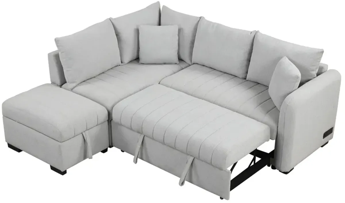 L-Shaped Sectional Pull Out Sofa Bed Sleeper Sofa With Two USB Ports, Two Power Sockets And A Movable Storage Ottoman