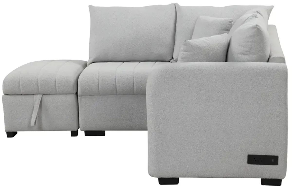 L-Shaped Sectional Pull Out Sofa Bed Sleeper Sofa With Two USB Ports, Two Power Sockets And A Movable Storage Ottoman