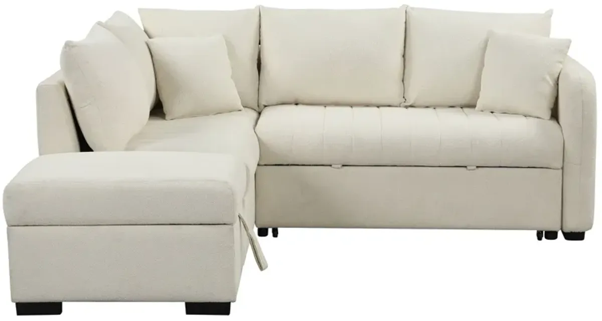 L-Shaped Sectional Pull Out Sofa Bed Sleeper Sofa With Two USB Ports, Two Power Sockets And A Movable Storage Ottoman