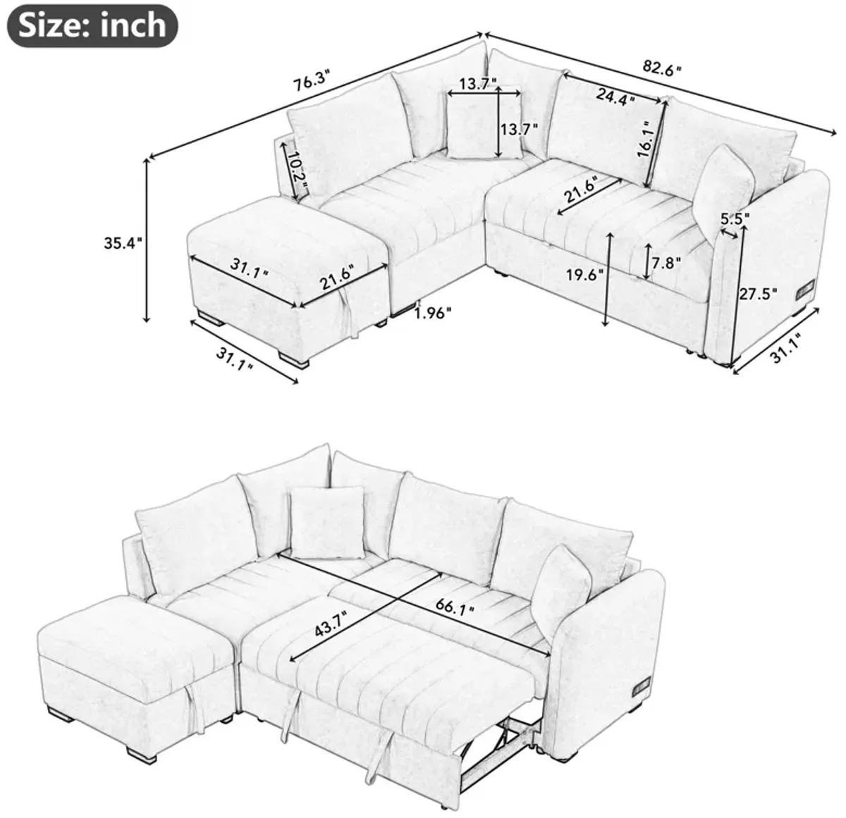 L-Shaped Sectional Pull Out Sofa Bed Sleeper Sofa With Two USB Ports, Two Power Sockets And A Movable Storage Ottoman