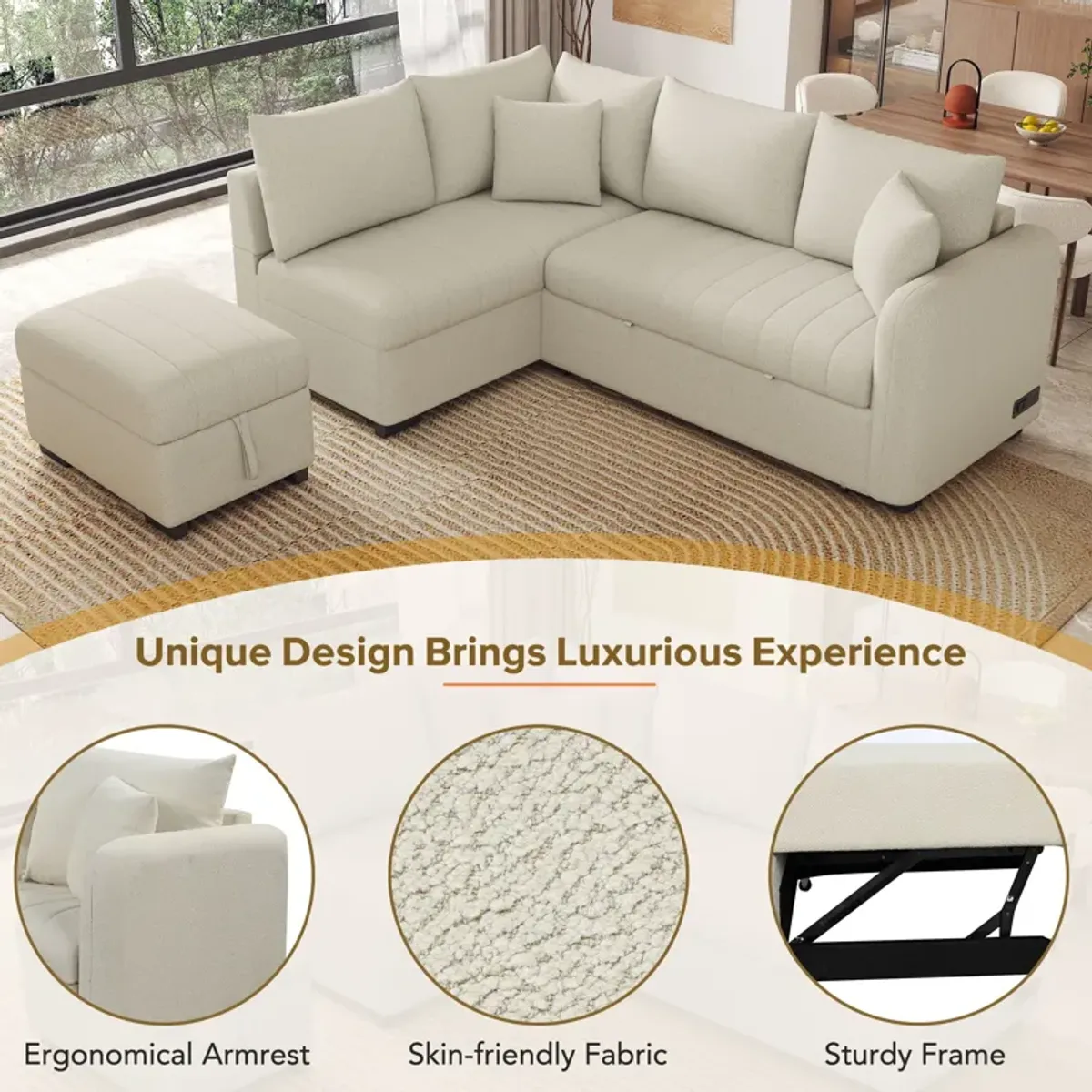 L-Shaped Sectional Pull Out Sofa Bed Sleeper Sofa With Two USB Ports, Two Power Sockets And A Movable Storage Ottoman