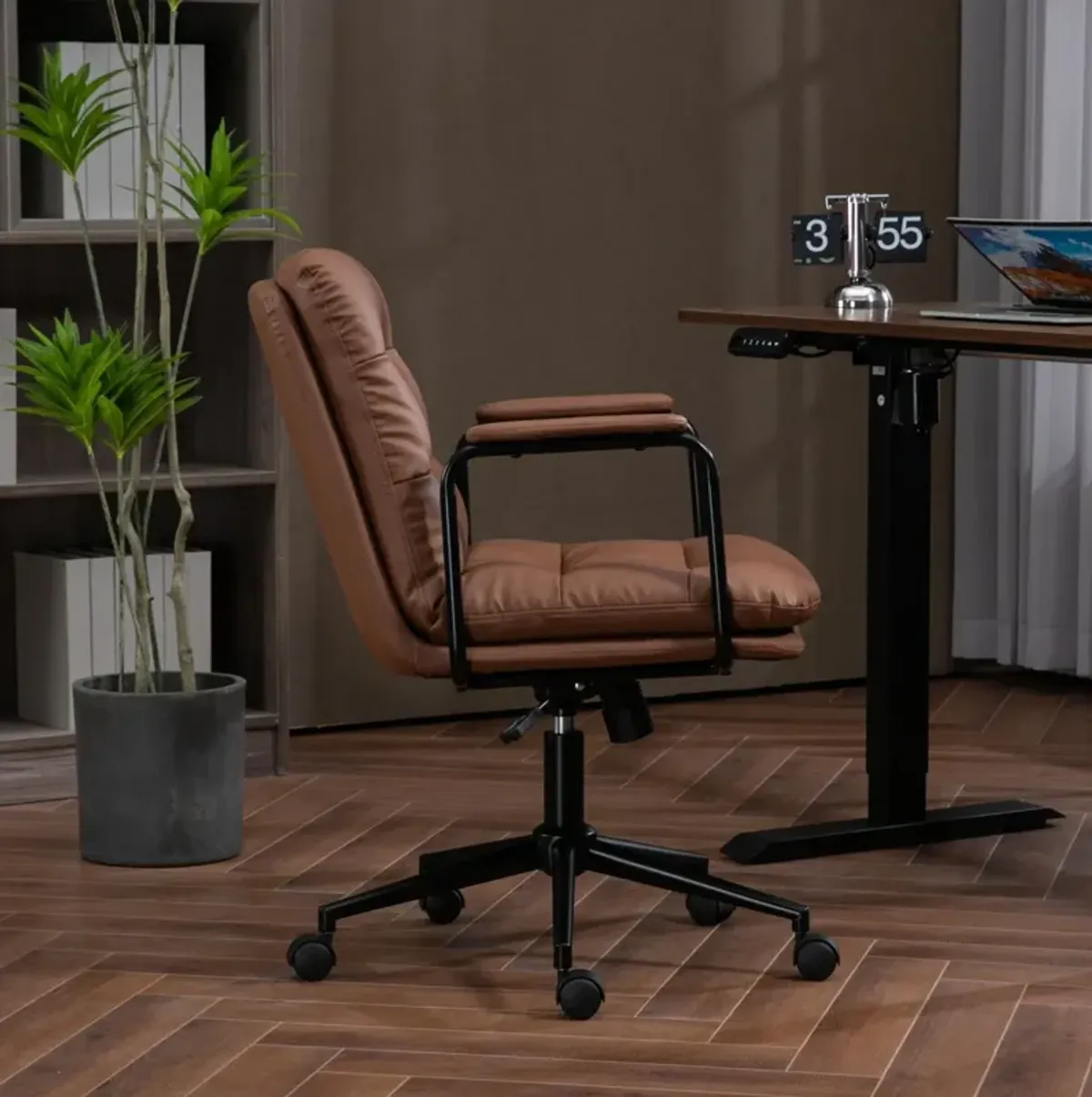 Office Chair, Mid Back Home Office Desk Task Chair With Wheels And Arms Ergonomic PU Leather Computer Rolling Swivel Chair With Padded Armrest