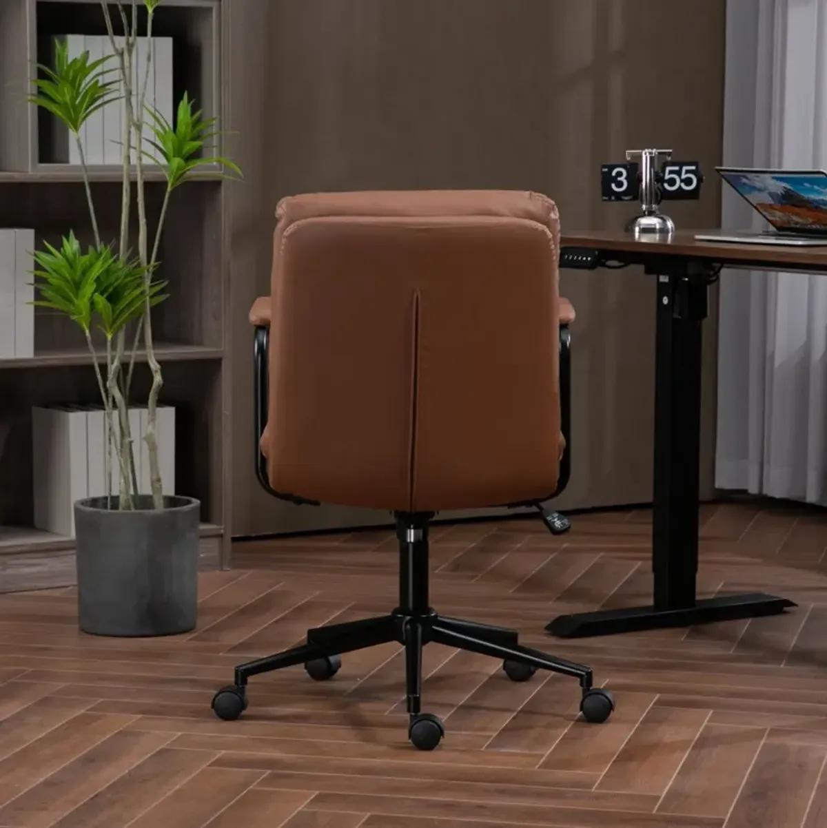 Office Chair, Mid Back Home Office Desk Task Chair With Wheels And Arms Ergonomic PU Leather Computer Rolling Swivel Chair With Padded Armrest