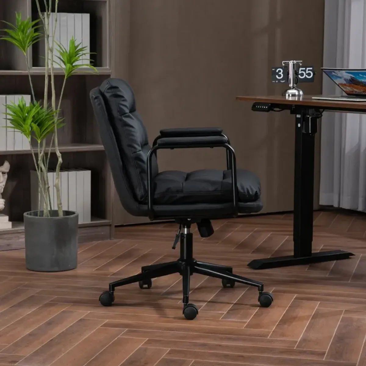 Office Chair, Mid Back Home Office Desk Task Chair With Wheels And Arms Ergonomic PU Leather Computer Rolling Swivel Chair With Padded Armrest