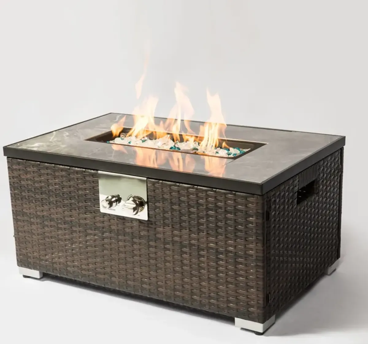 Outdoor Fire Table Propane Fire Pit Rattan Gas Fire Table, Gas Fire Table With Tile Tabletop - Brown