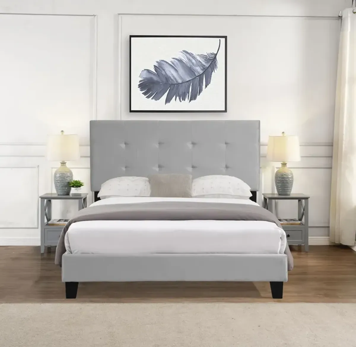 Full Size Upholstered Platform Bed Frame With Pull Point Tufted Headboard, Strong Wood Slat Support, Mattress Foundation, No Box Spring Needed - Gray