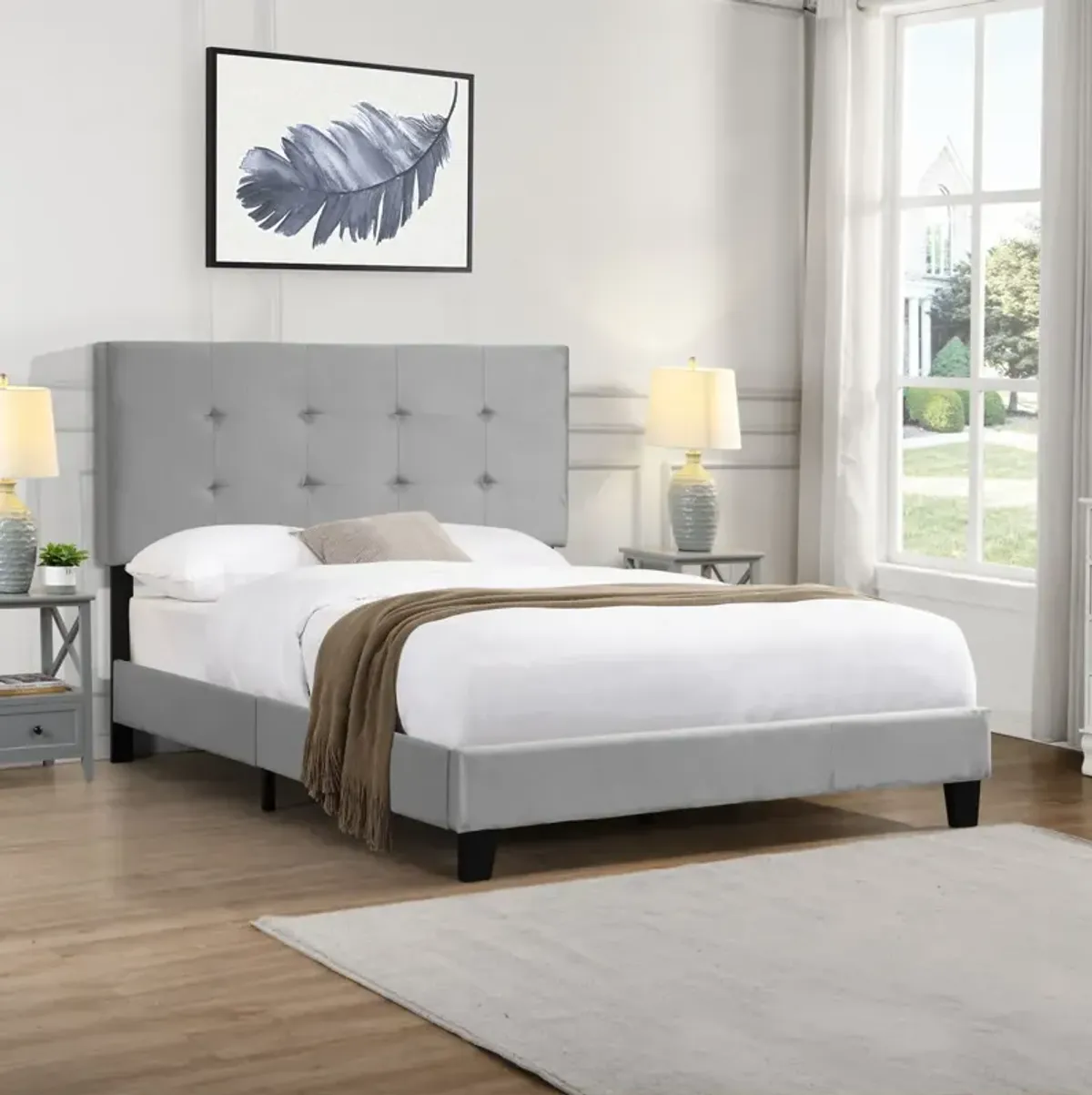 Full Size Upholstered Platform Bed Frame With Pull Point Tufted Headboard, Strong Wood Slat Support, Mattress Foundation, No Box Spring Needed - Gray