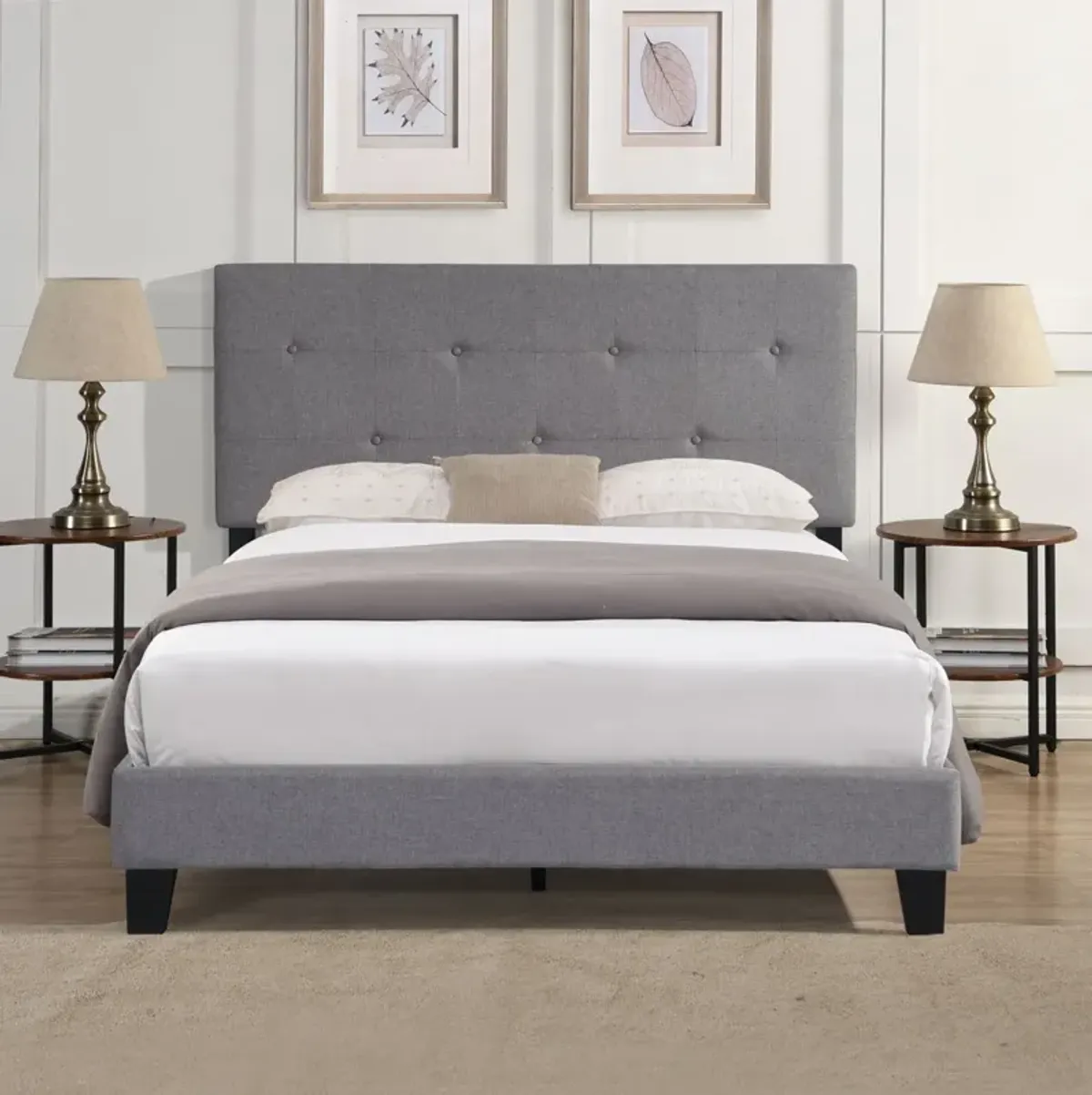 Full Size Upholstered Platform Bed Frame With Modern Button Tufted Linen Fabric Headboard, No Box Spring Needed, Wood Slat Support - Gray