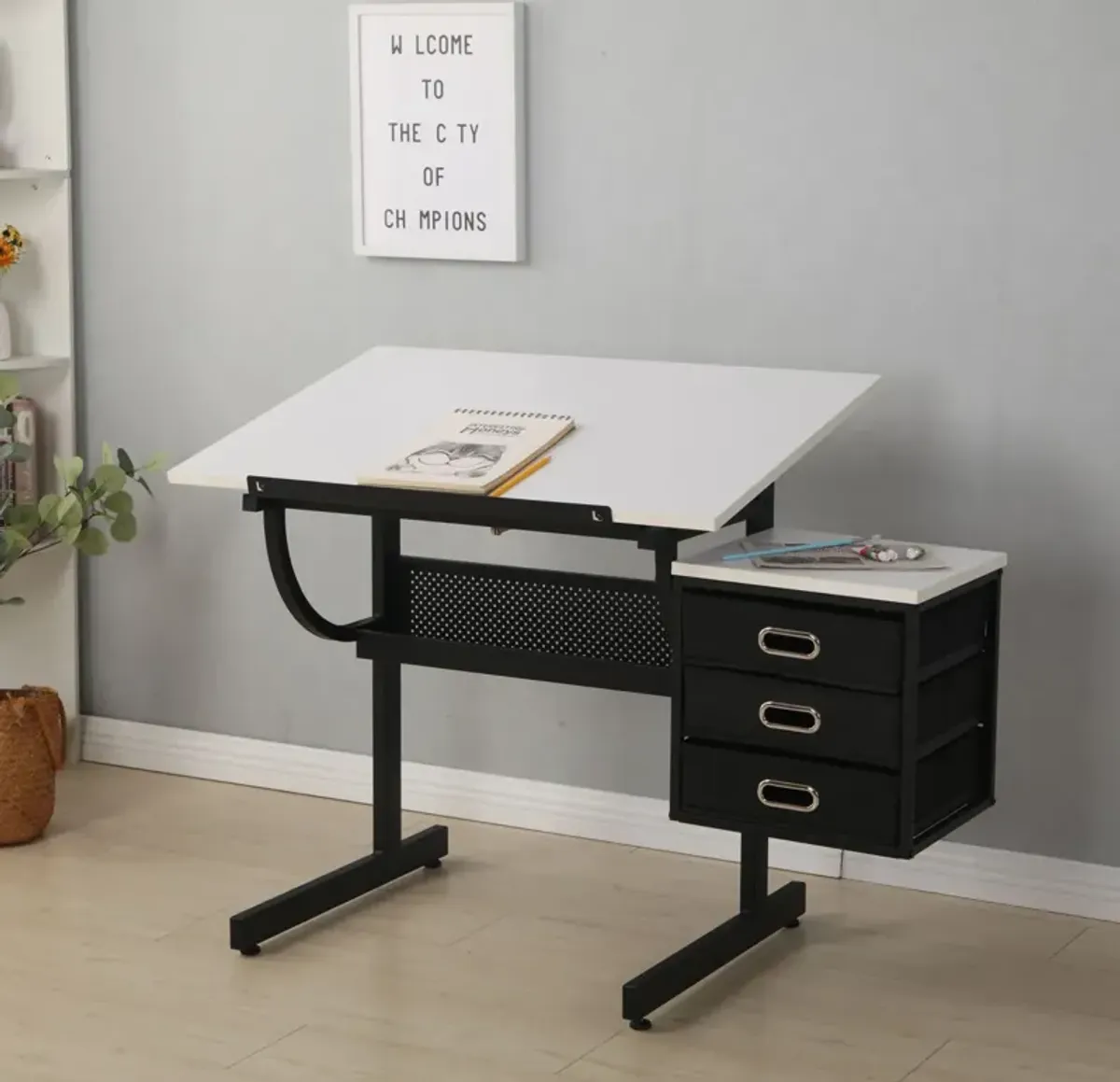 Adjustable Drafting Drawing Table With Stool And 3 Drawers - White / Black