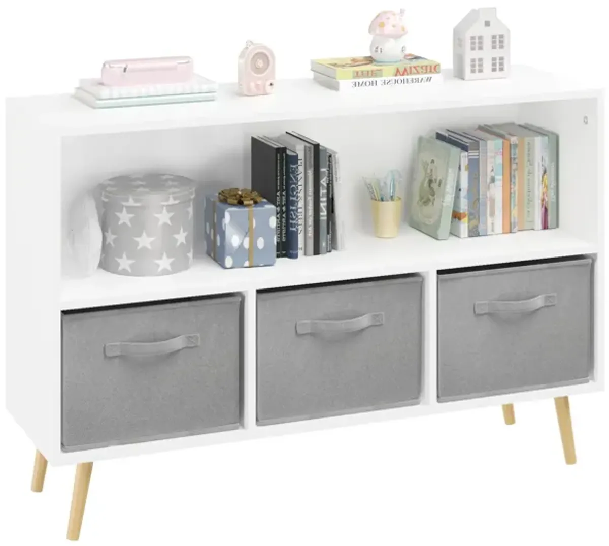 Kids Bookcase With Collapsible Fabric Drawers, Children's Book Display, Toy Storage Cabinet Organizer - White / Gray