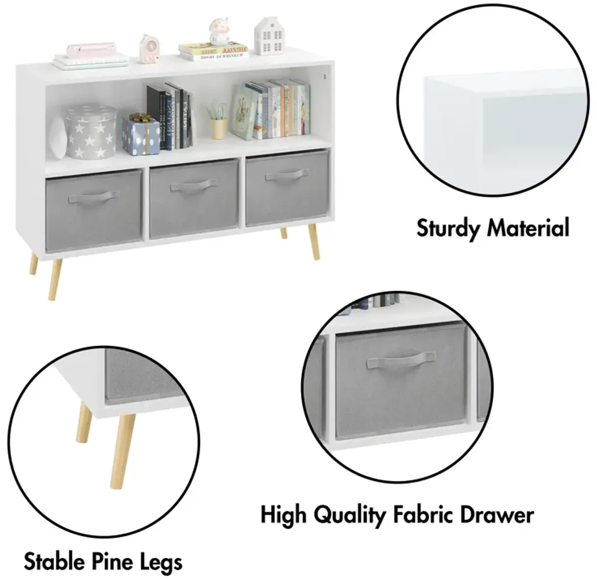 Kids Bookcase With Collapsible Fabric Drawers, Children's Book Display, Toy Storage Cabinet Organizer - White / Gray