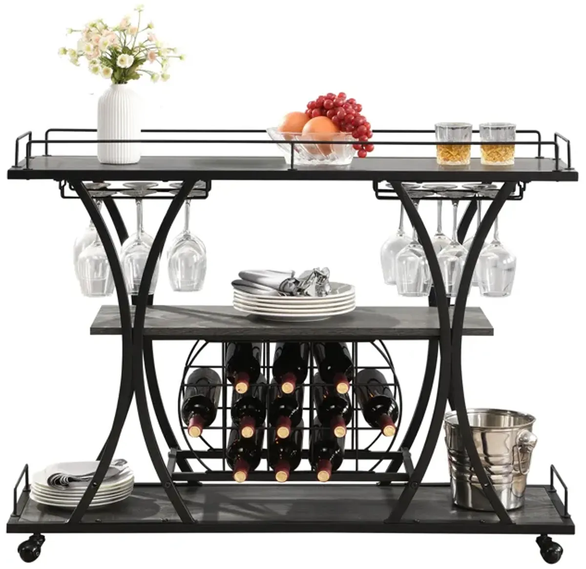 Industrial Bar Cart Kitchen Bar & Serving Cart For Home With Wheels 3 Tier Storage Shelves - Black / Gray