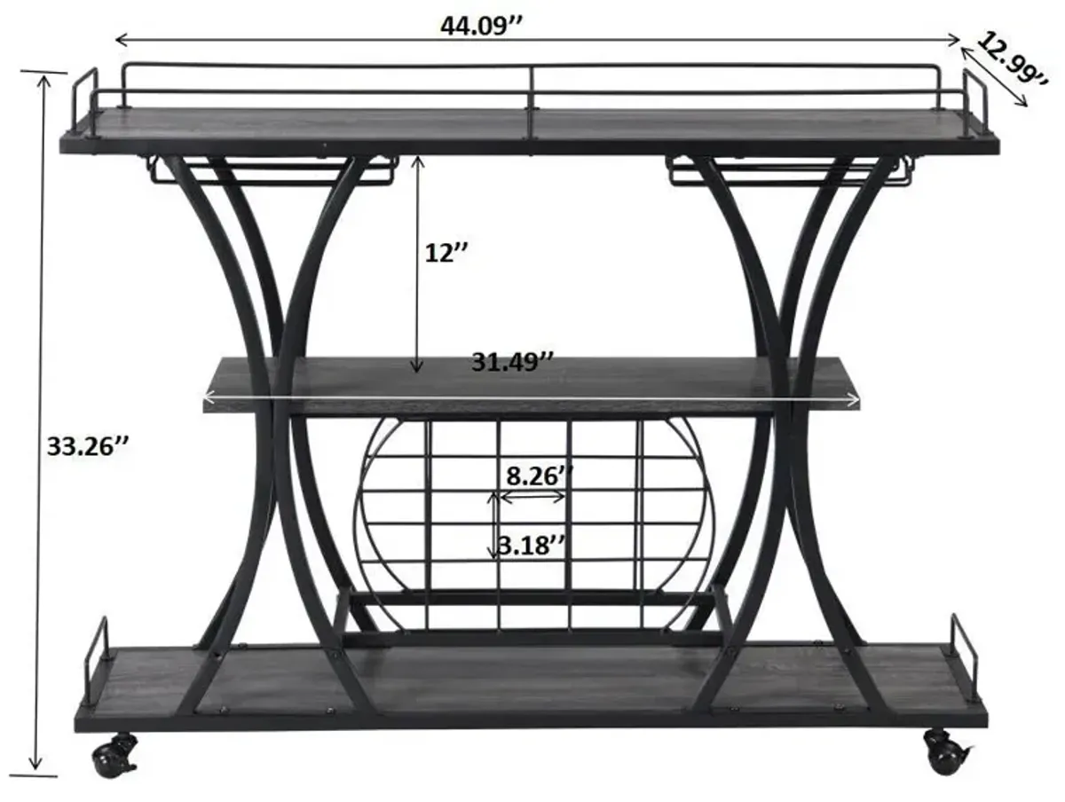 Industrial Bar Cart Kitchen Bar & Serving Cart For Home With Wheels 3 Tier Storage Shelves - Black / Gray