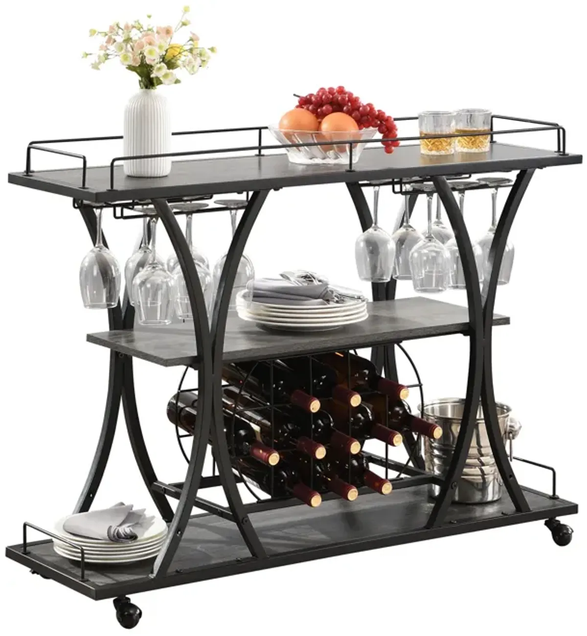 Industrial Bar Cart Kitchen Bar & Serving Cart For Home With Wheels 3 Tier Storage Shelves - Black / Gray