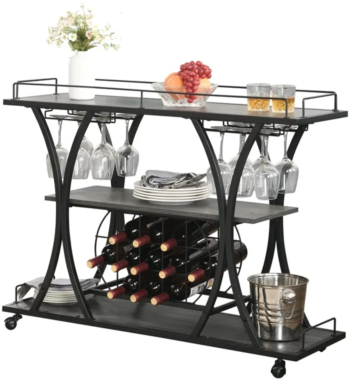 Industrial Bar Cart Kitchen Bar & Serving Cart For Home With Wheels 3 Tier Storage Shelves - Black / Gray