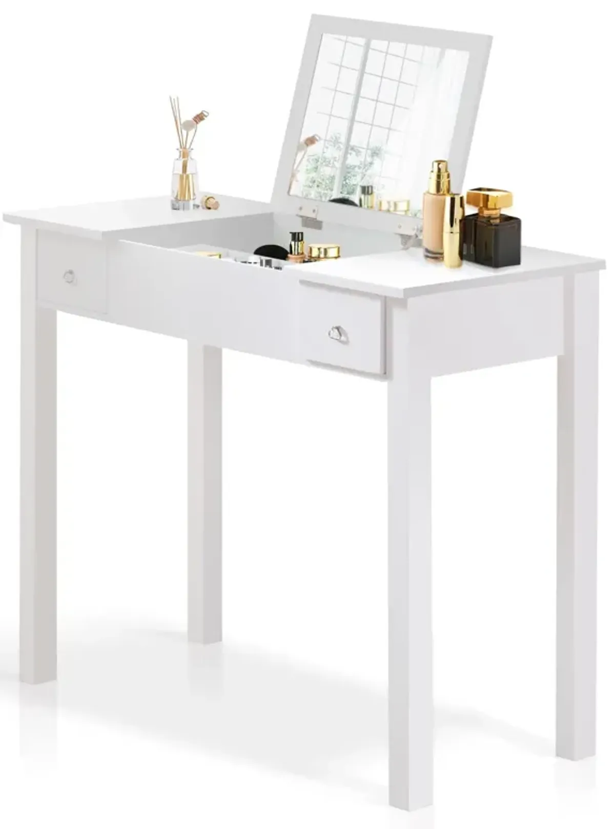 Accent Vanity Table With Flip-Top Mirror And 2 Drawers, Jewelry Storage For Women Dressing - White