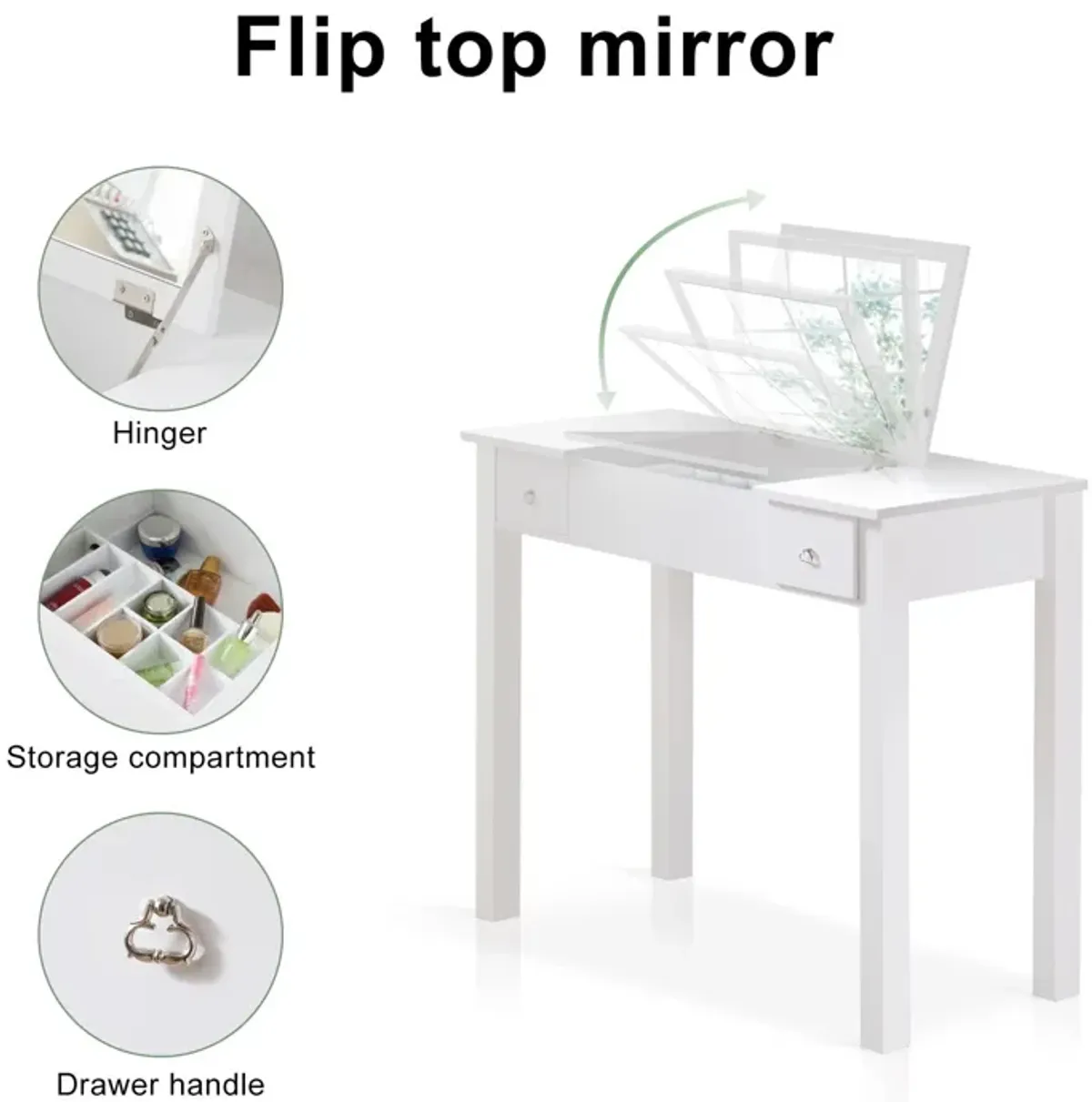 Accent Vanity Table With Flip-Top Mirror And 2 Drawers, Jewelry Storage For Women Dressing - White