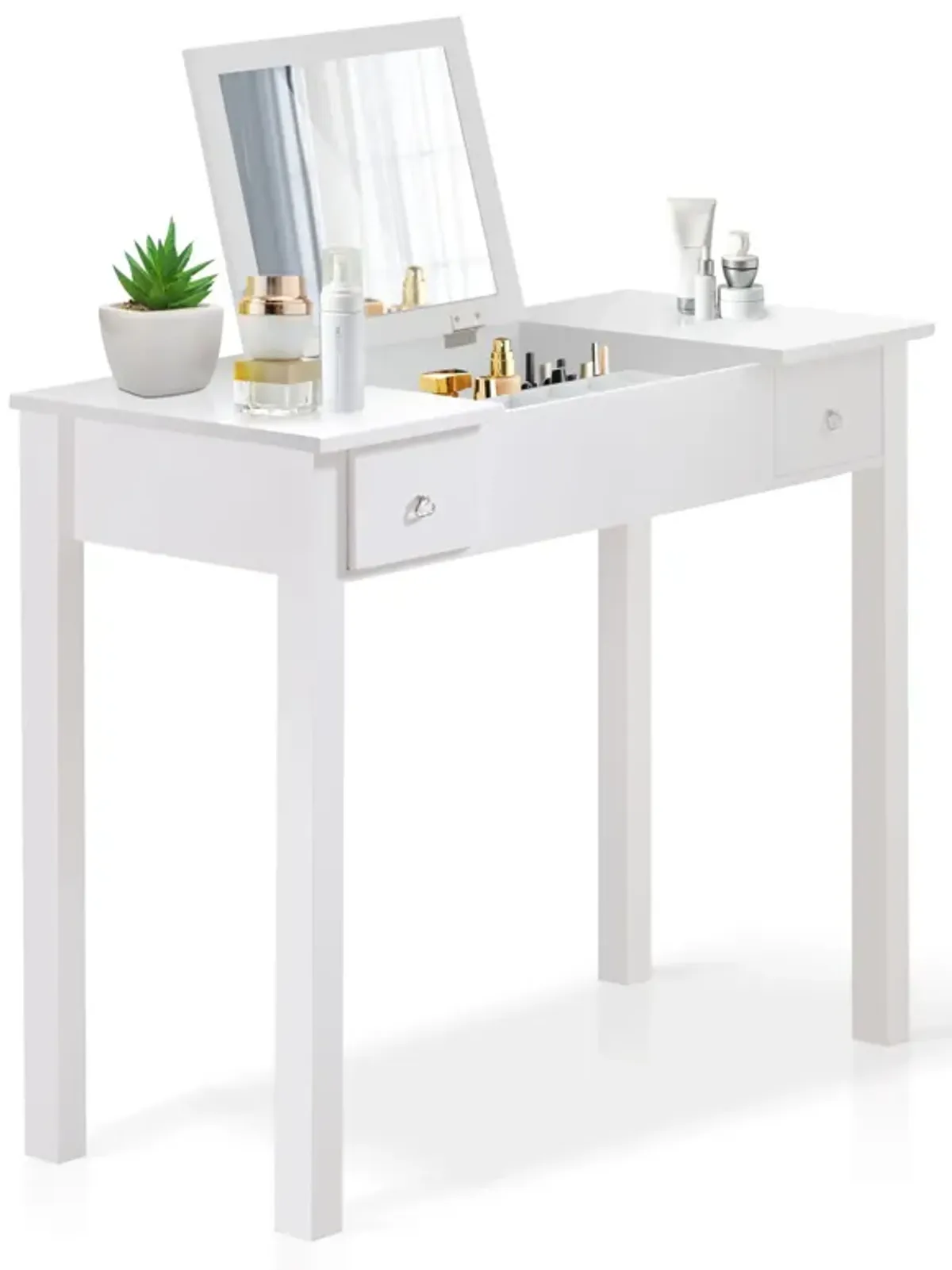 Accent Vanity Table With Flip-Top Mirror And 2 Drawers, Jewelry Storage For Women Dressing - White