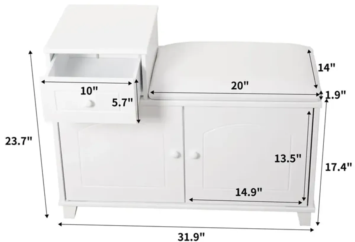 Shoe Storage Bench Cabinet With Fireproof PU Cushion, Double Doors And Movable Drawer For Door Entrance - White