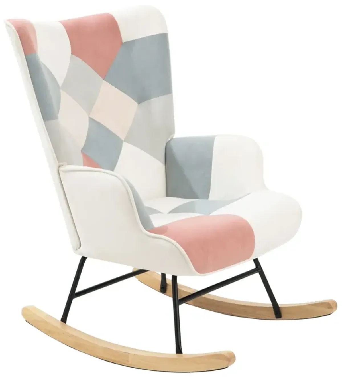 Accent Rocking Chair, Mid-Century Fabric Rocker Chair With Wood Legs And Patchwork Linen For Livingroom Bedroom