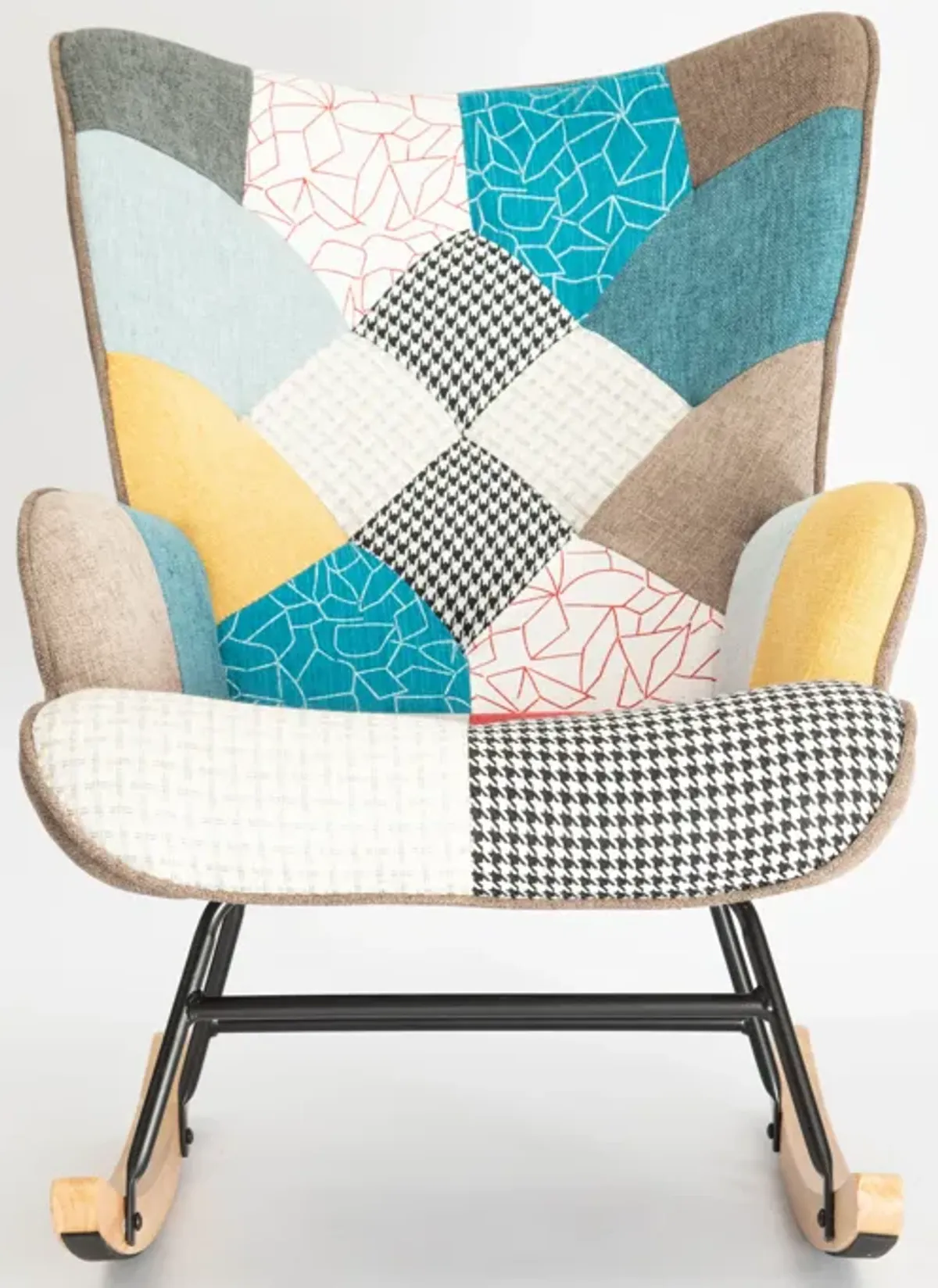 Accent Rocking Chair, Mid-Century Fabric Rocker Chair With Wood Legs And Patchwork Linen For Livingroom Bedroom