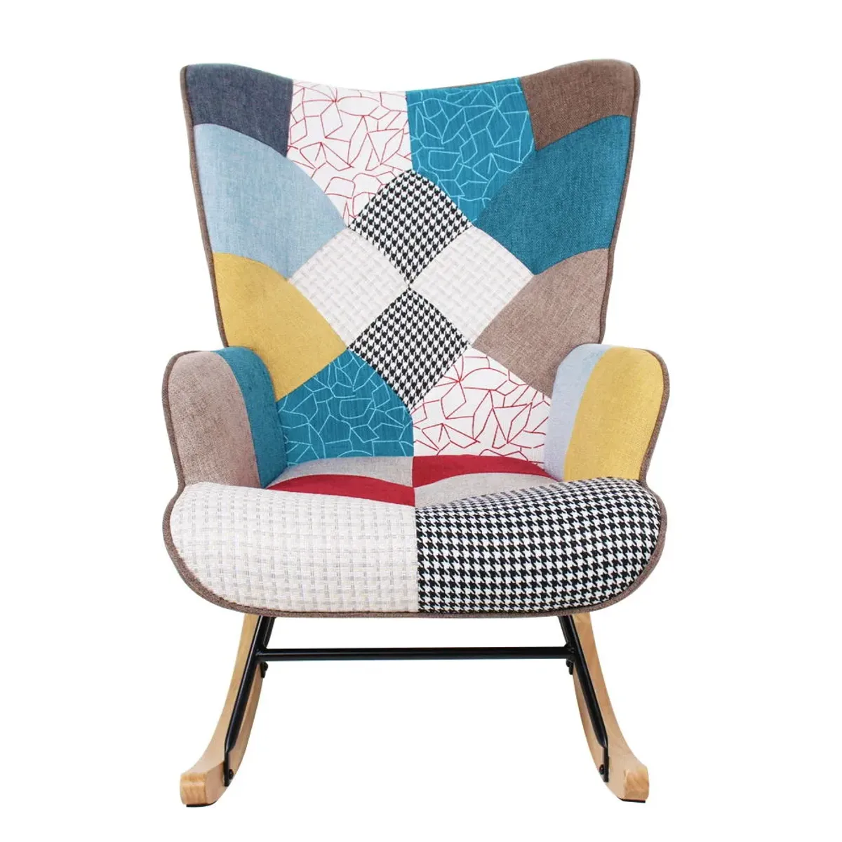 Accent Rocking Chair, Mid-Century Fabric Rocker Chair With Wood Legs And Patchwork Linen For Livingroom Bedroom