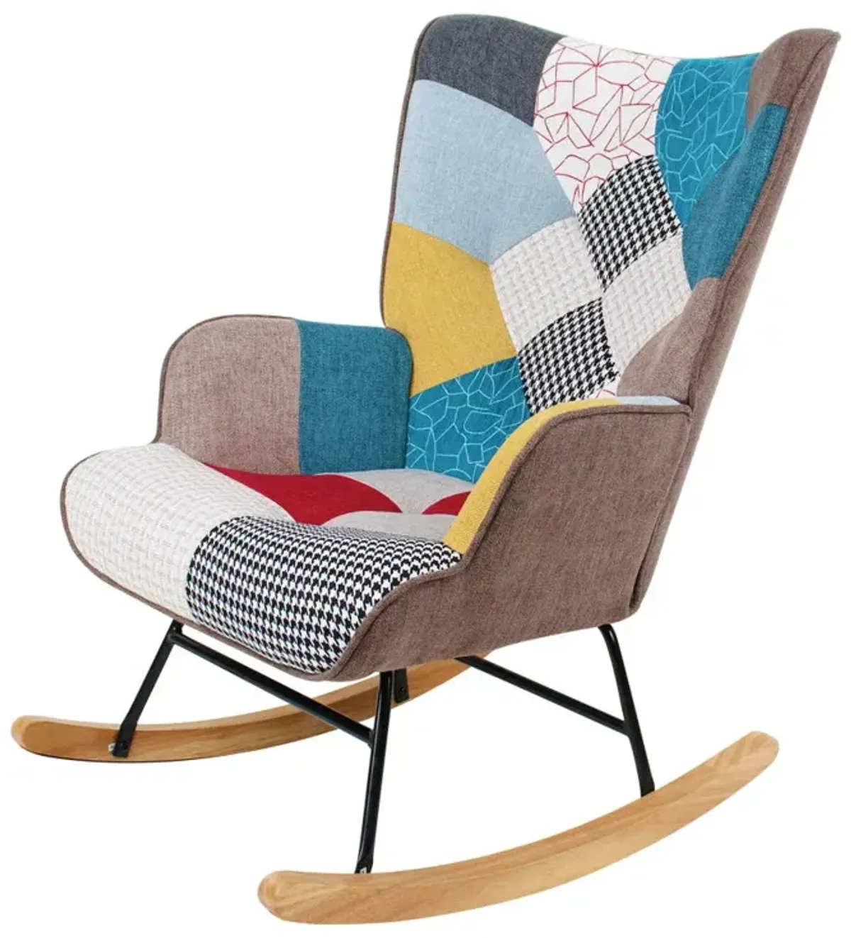 Accent Rocking Chair, Mid-Century Fabric Rocker Chair With Wood Legs And Patchwork Linen For Livingroom Bedroom