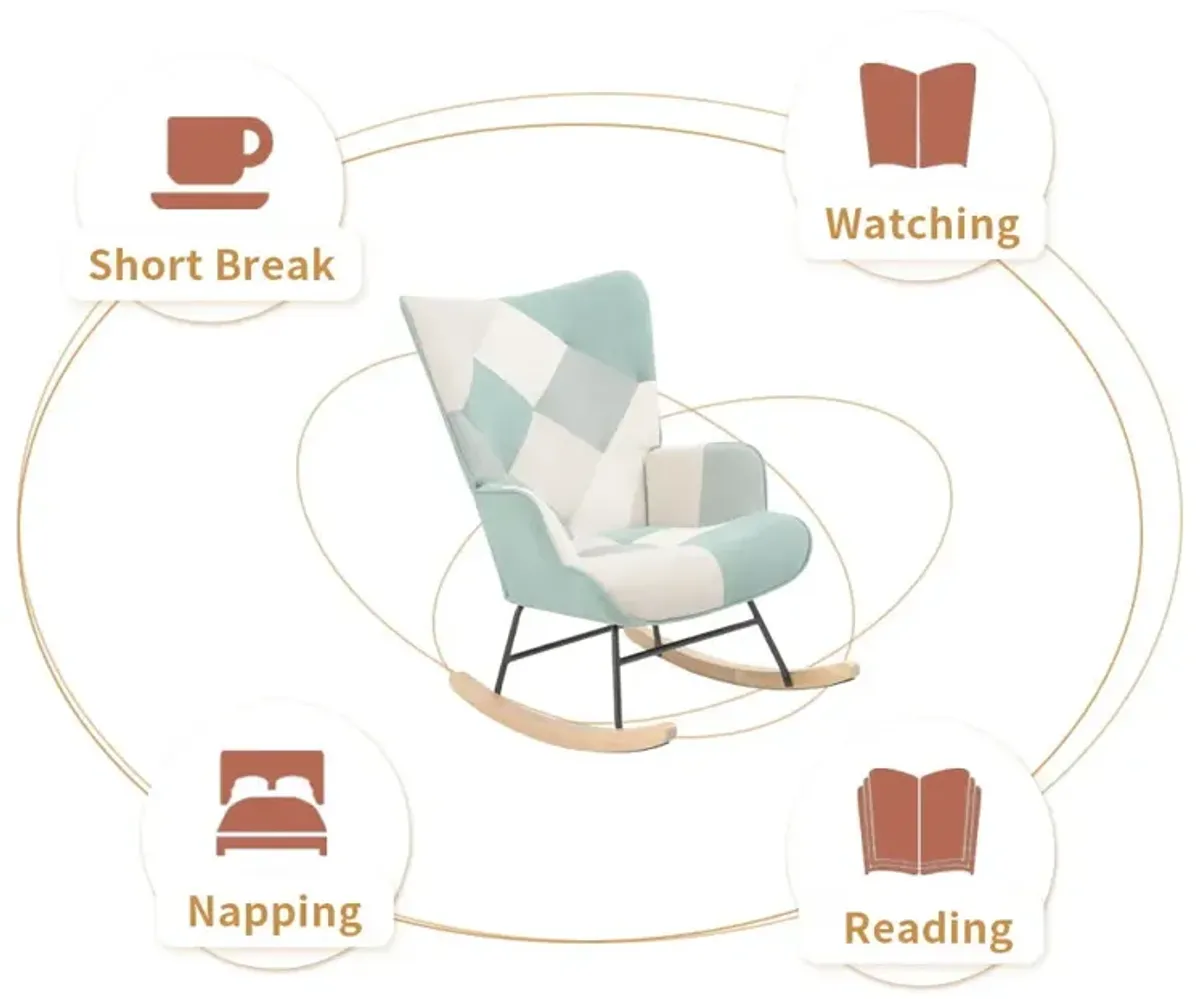 Accent Rocking Chair, Mid-Century Fabric Rocker Chair With Wood Legs And Patchwork Linen For Livingroom Bedroom