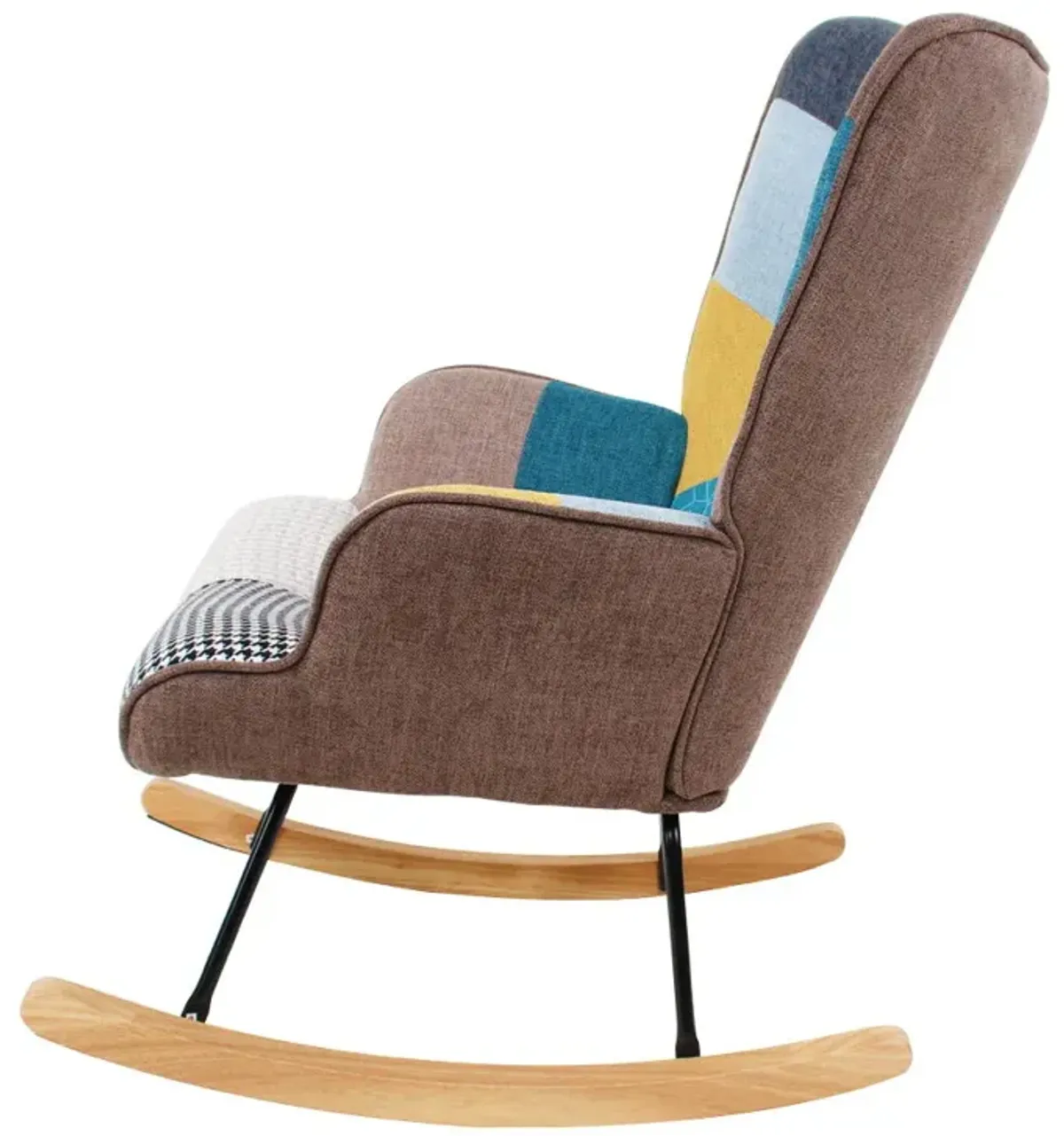 Accent Rocking Chair, Mid-Century Fabric Rocker Chair With Wood Legs And Patchwork Linen For Livingroom Bedroom