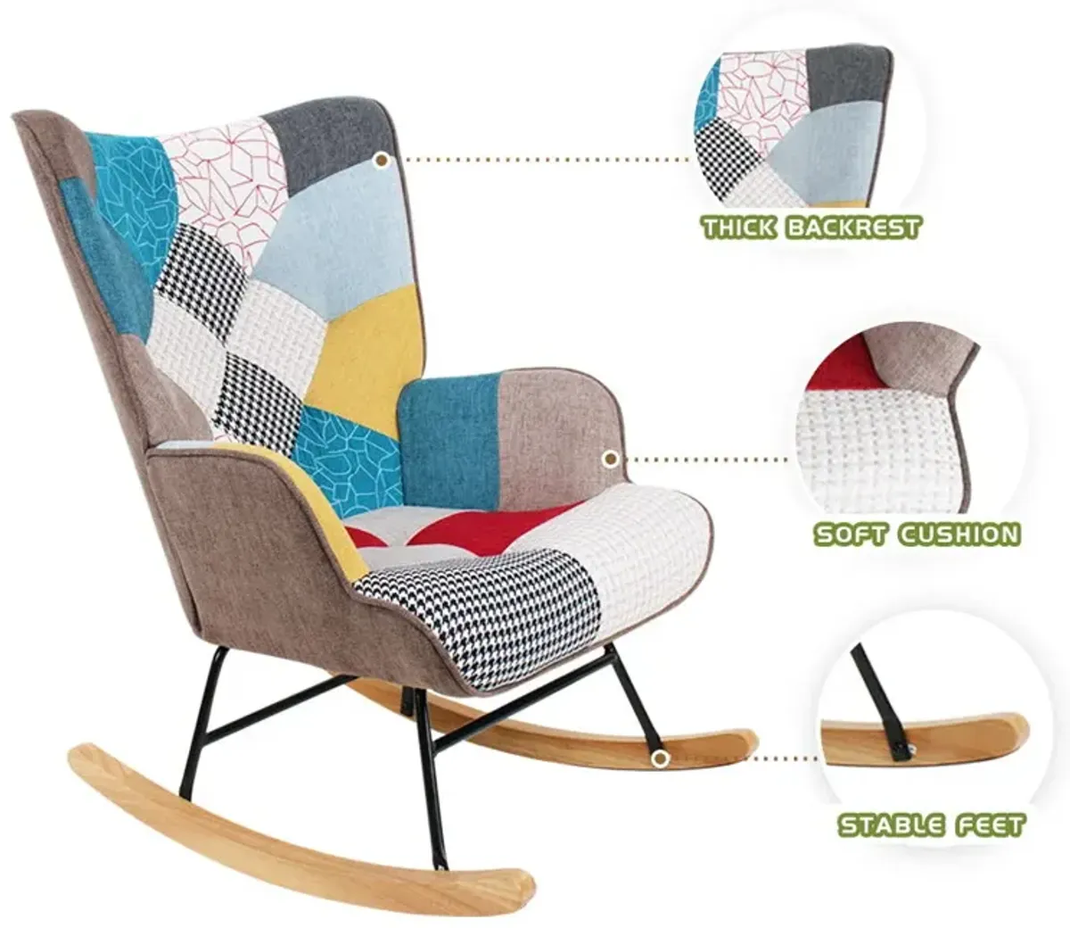 Accent Rocking Chair, Mid-Century Fabric Rocker Chair With Wood Legs And Patchwork Linen For Livingroom Bedroom