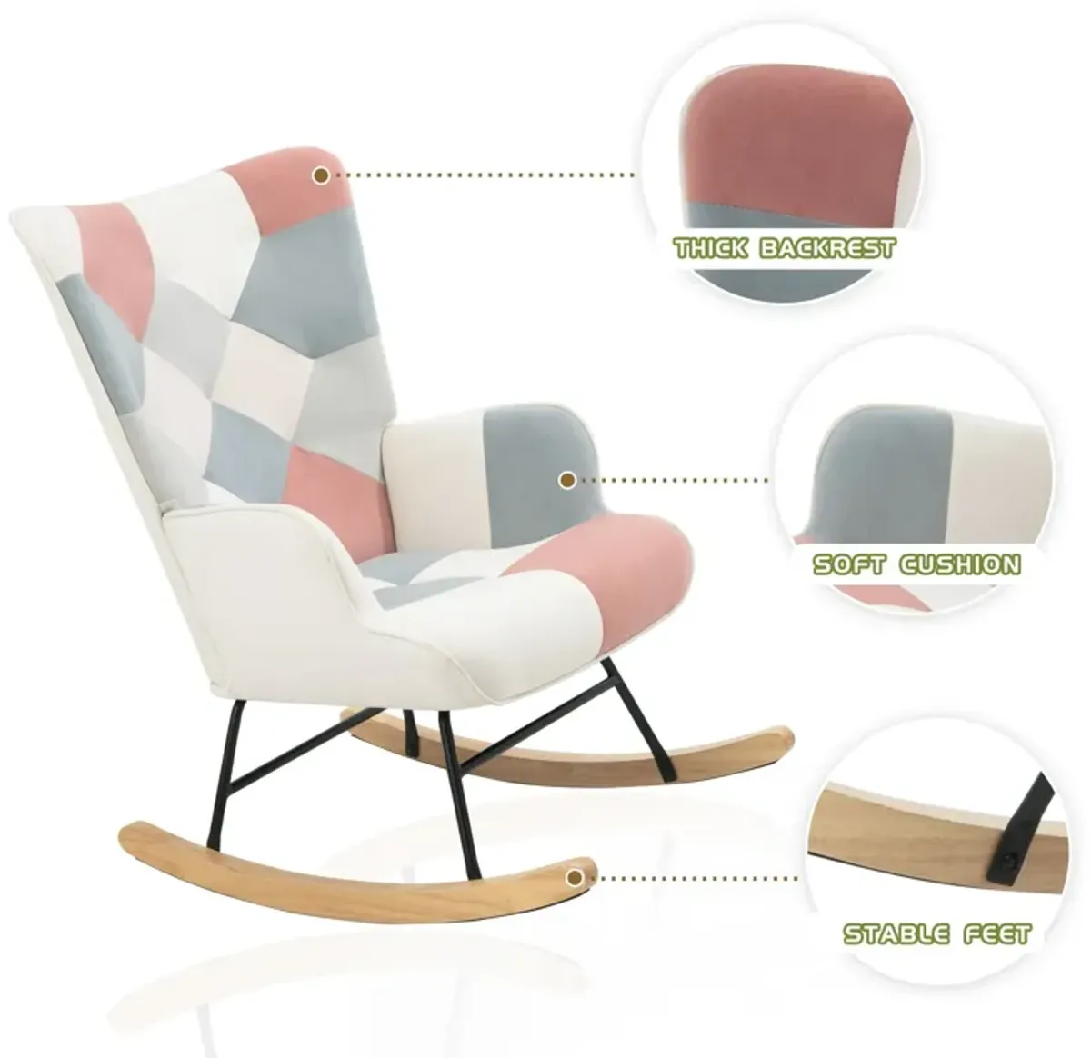 Accent Rocking Chair, Mid-Century Fabric Rocker Chair With Wood Legs And Patchwork Linen For Livingroom Bedroom