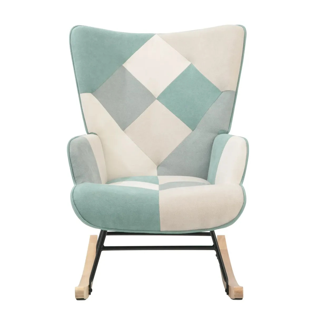 Accent Rocking Chair, Mid-Century Fabric Rocker Chair With Wood Legs And Patchwork Linen For Livingroom Bedroom