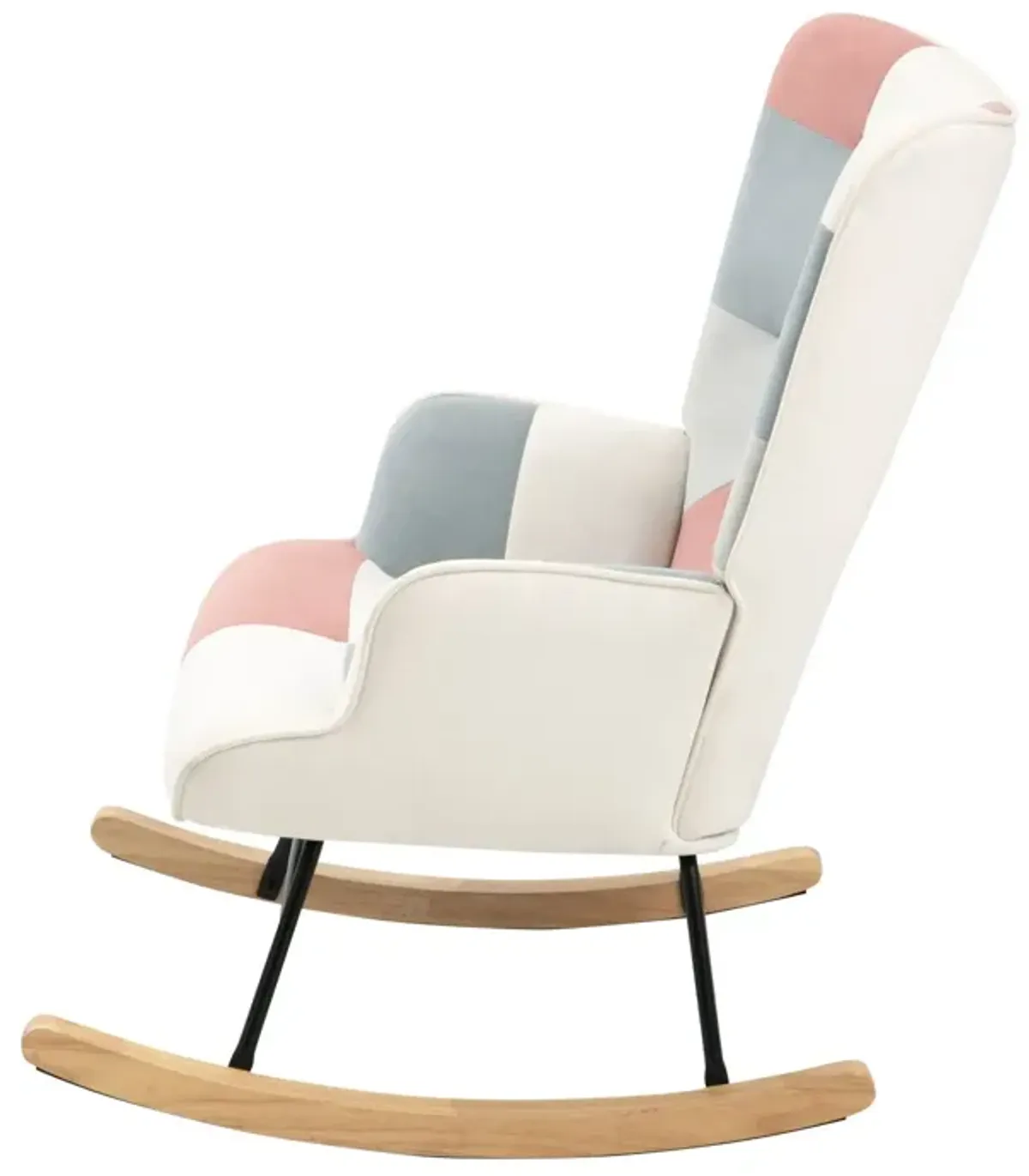 Accent Rocking Chair, Mid-Century Fabric Rocker Chair With Wood Legs And Patchwork Linen For Livingroom Bedroom