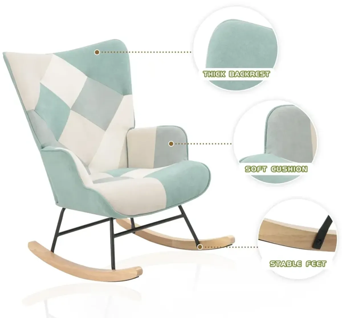 Accent Rocking Chair, Mid-Century Fabric Rocker Chair With Wood Legs And Patchwork Linen For Livingroom Bedroom