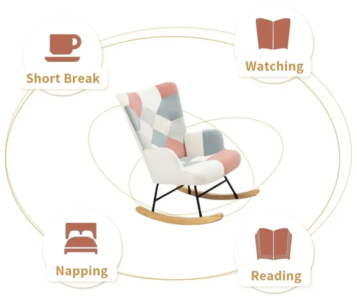 Accent Rocking Chair, Mid-Century Fabric Rocker Chair With Wood Legs And Patchwork Linen For Livingroom Bedroom