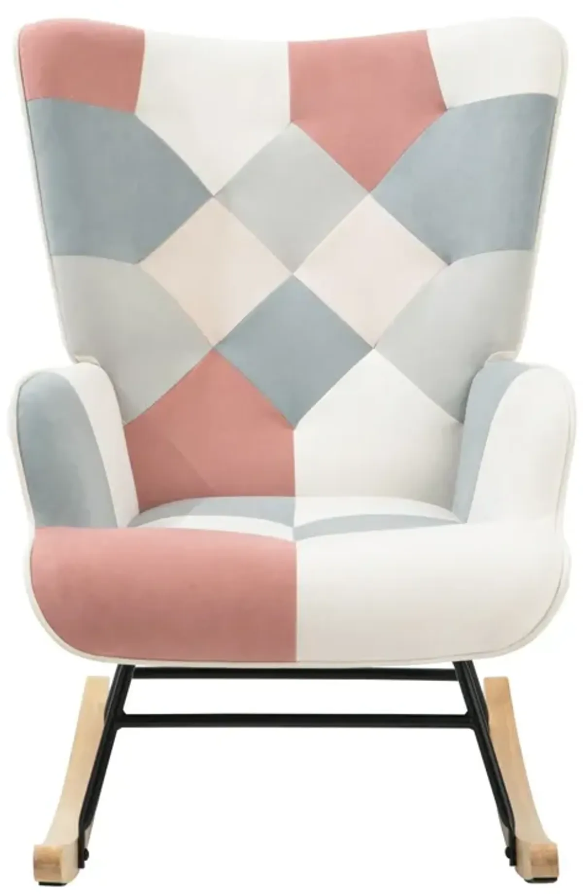 Accent Rocking Chair, Mid-Century Fabric Rocker Chair With Wood Legs And Patchwork Linen For Livingroom Bedroom