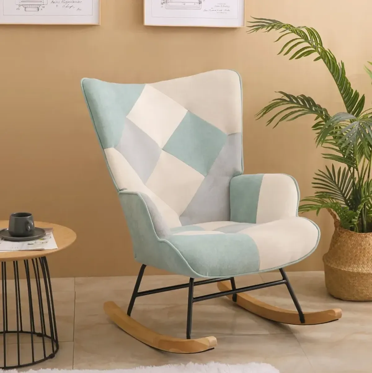 Accent Rocking Chair, Mid-Century Fabric Rocker Chair With Wood Legs And Patchwork Linen For Livingroom Bedroom