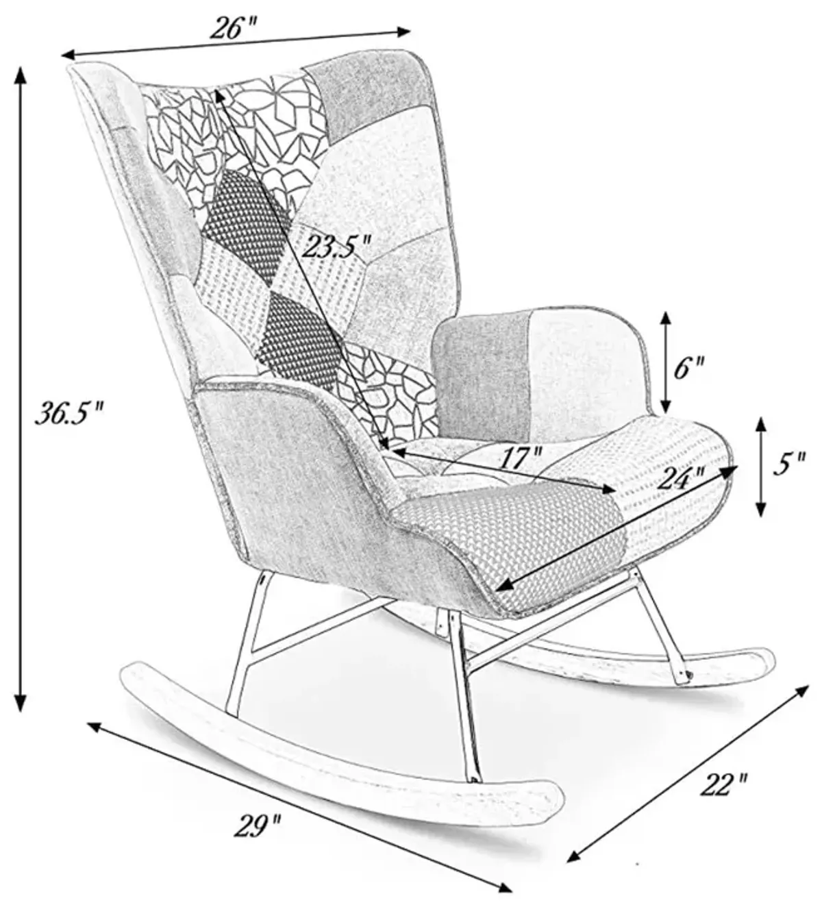 Accent Rocking Chair, Mid-Century Fabric Rocker Chair With Wood Legs And Patchwork Linen For Livingroom Bedroom