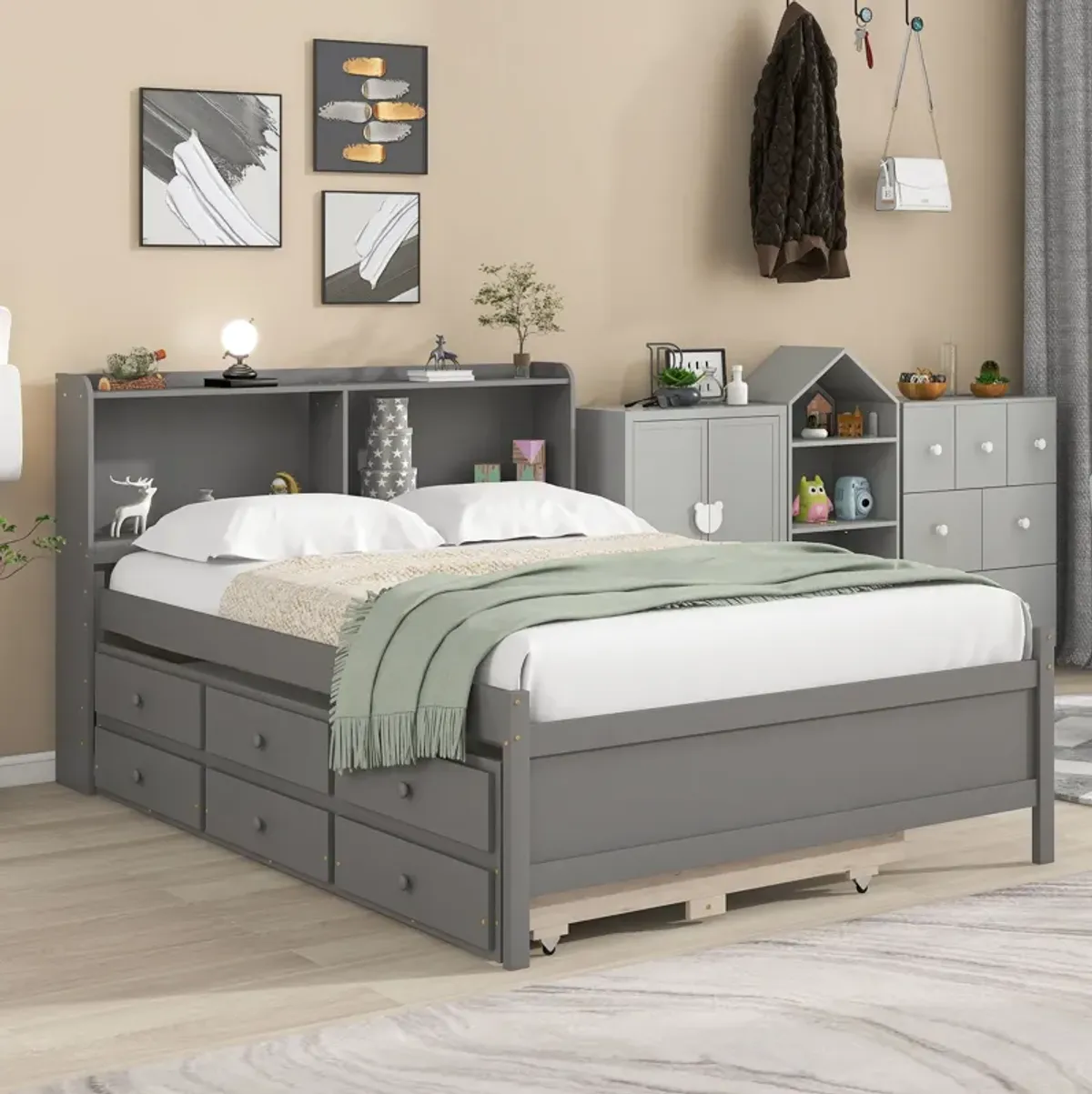 Bed With Bookcase, Twin Trundle, Drawers